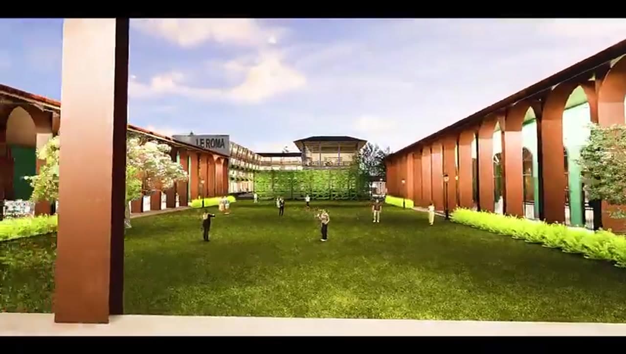 Central courtyard lawn with sky lounge structure above