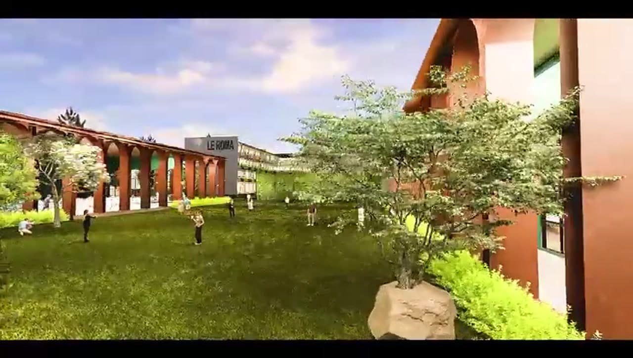 Garden lawn courtyard with Le Roma signage