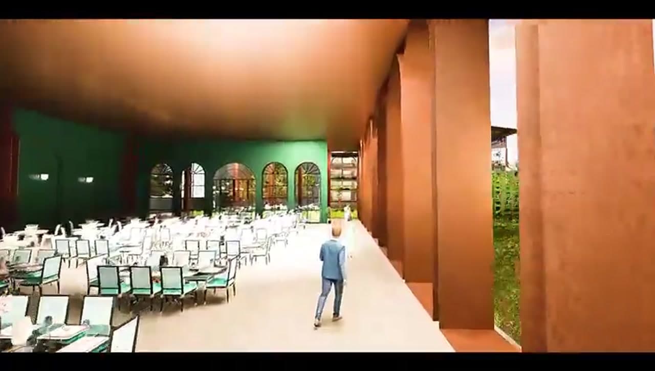 Restaurant dining area with arched windows and colonnade